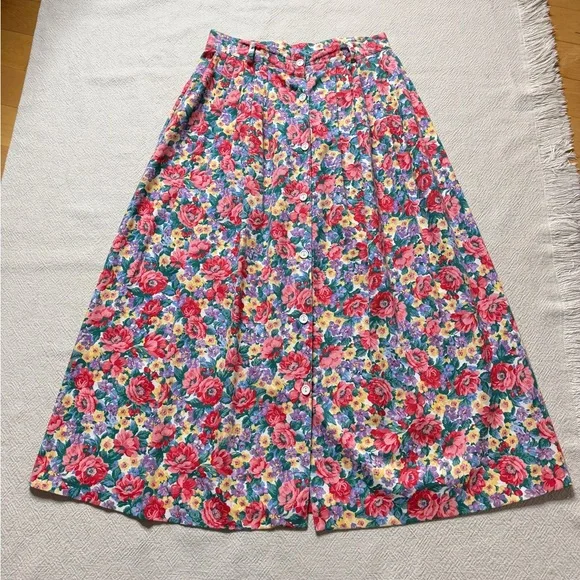 VTG 80s Bitsy Floral Button Front Aline Midi Skirt M Pockets Made in USA - Picture 2 of 7